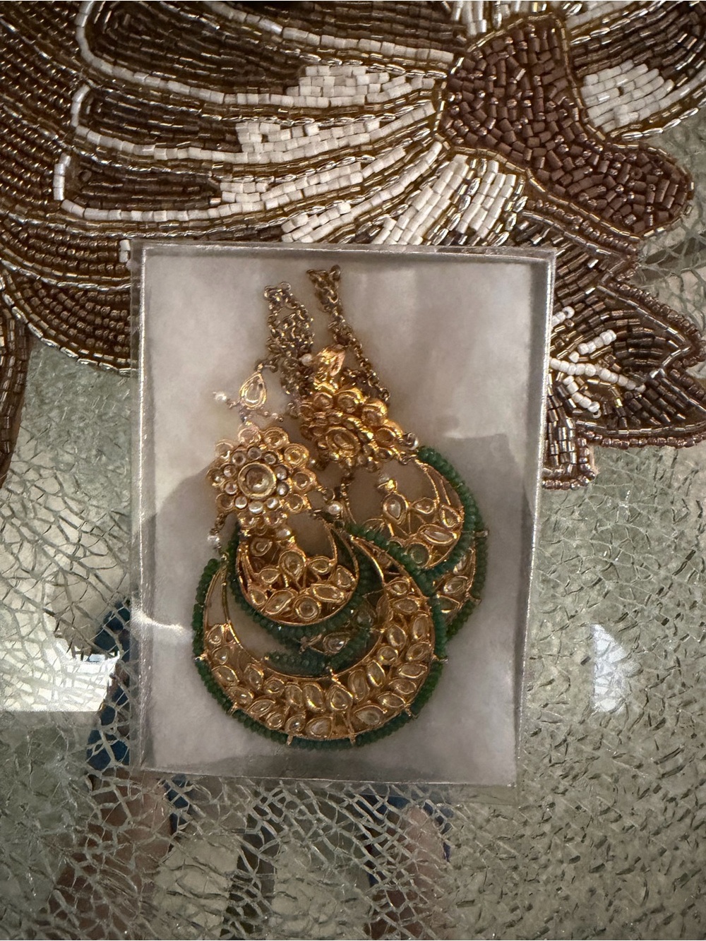 Gold and Green Kundan-Style Crescent Drop Earrings
